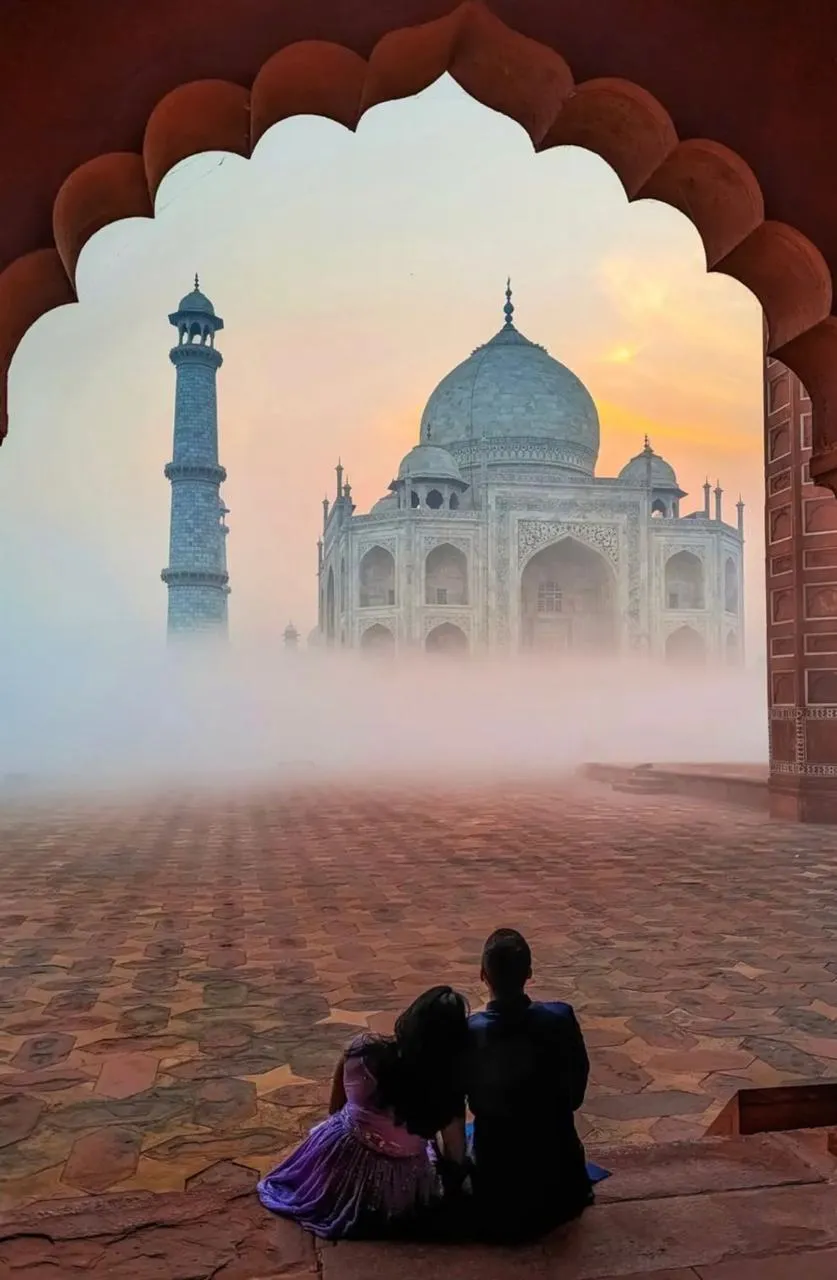 Taj Mahal in winter fog — atmospheric morning view