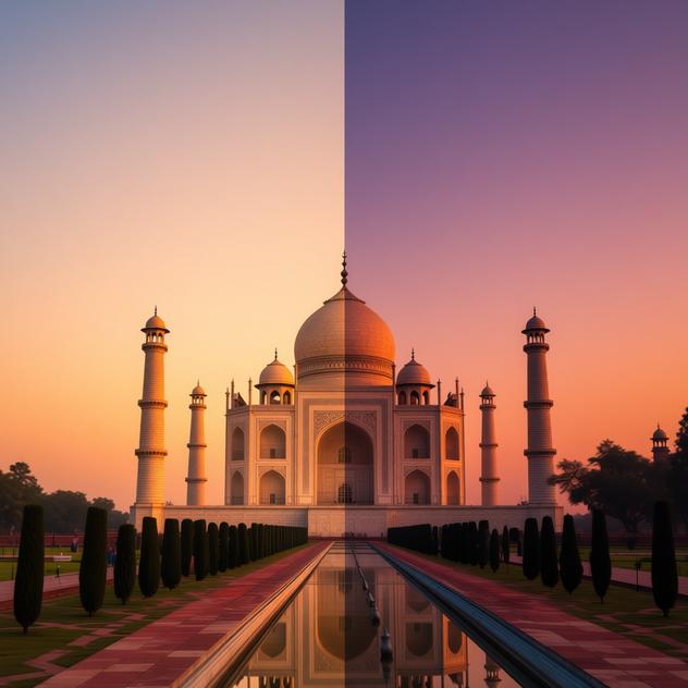 Taj Mahal Sunrise vs. Sunset Comparison